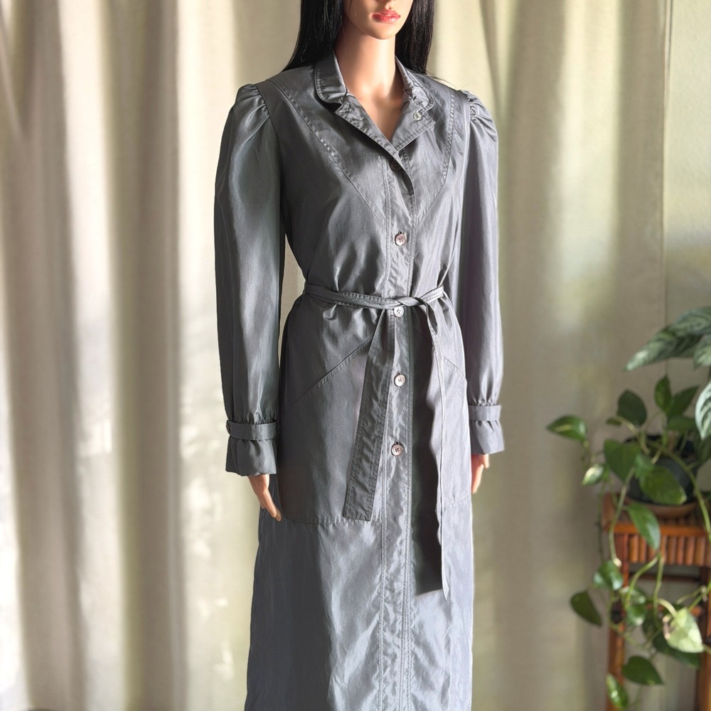 Vtg 80s RainShedder Gray Puff Shoulder Trench Coat Belted Longline 12 Fits M/L